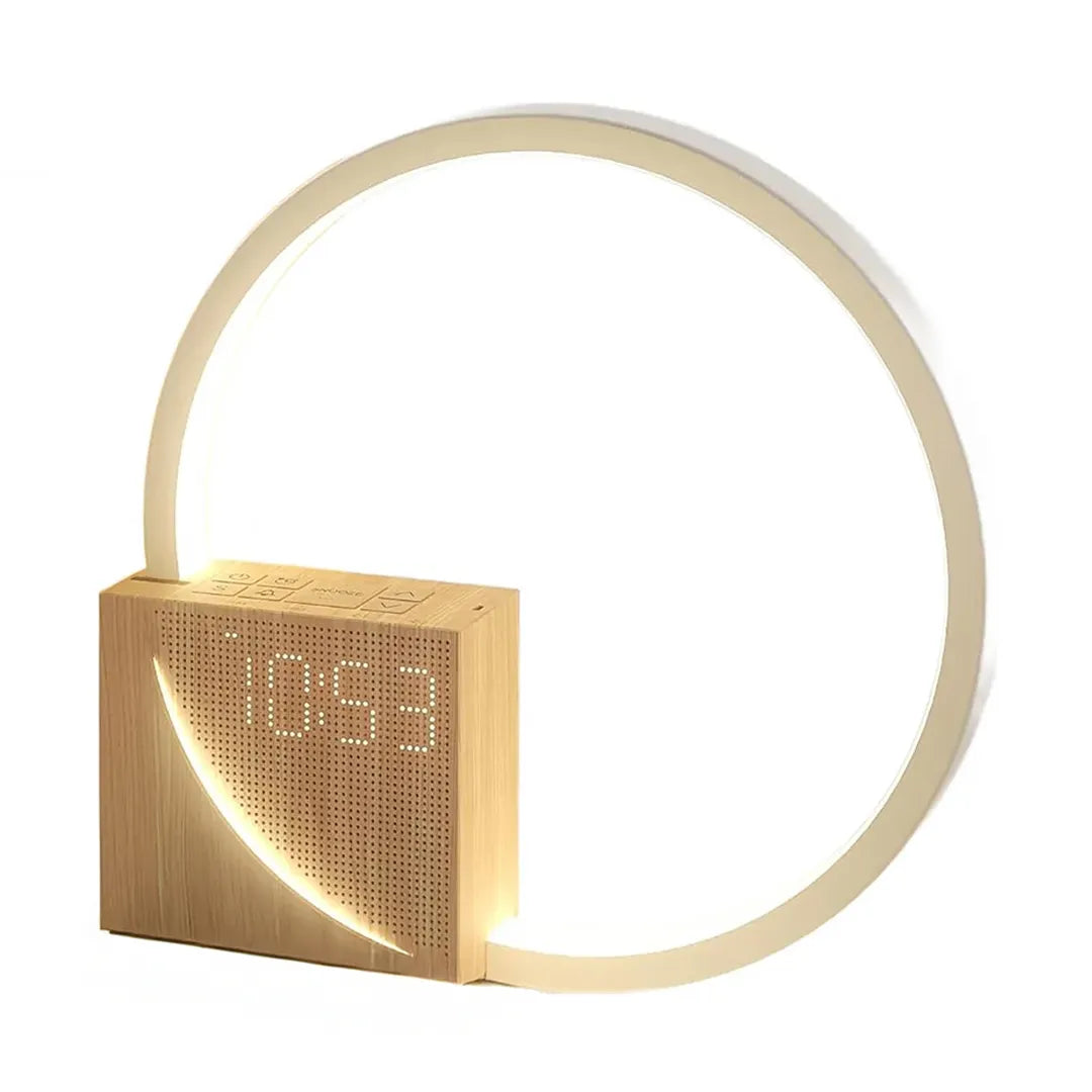 Wooden clock with circular design on a white background