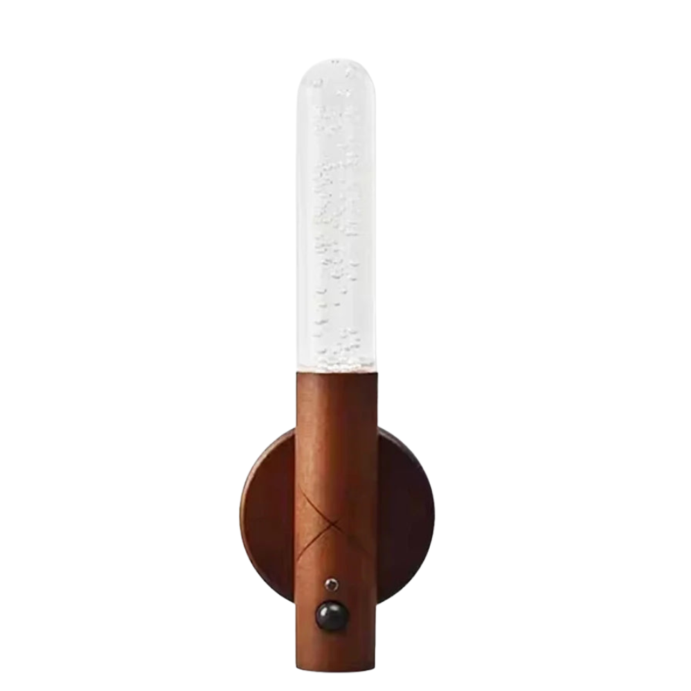 Wall-mounted lamp with wooden base and white shade on a white background