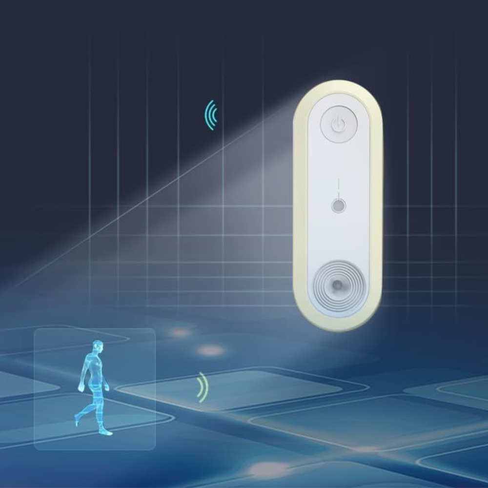 Smart doorbell with wireless signal icon on a dark blue background
