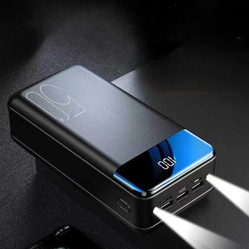 Black power bank with multiple ports on a dark background