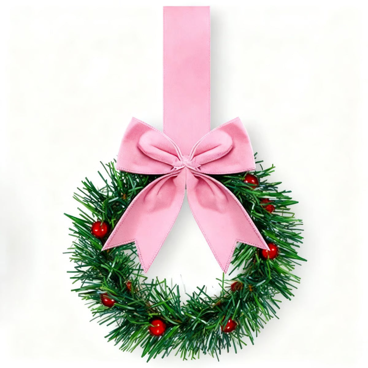 Christmas wreath with a pink bow on a white background