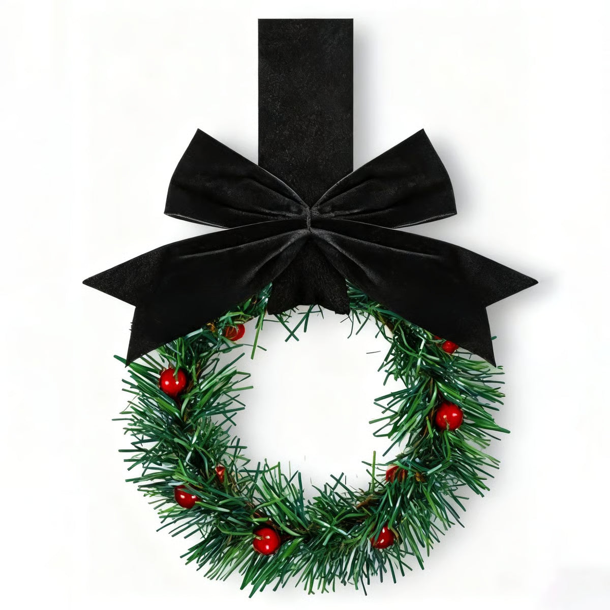 Christmas wreath with black bow and red berries on a white background
