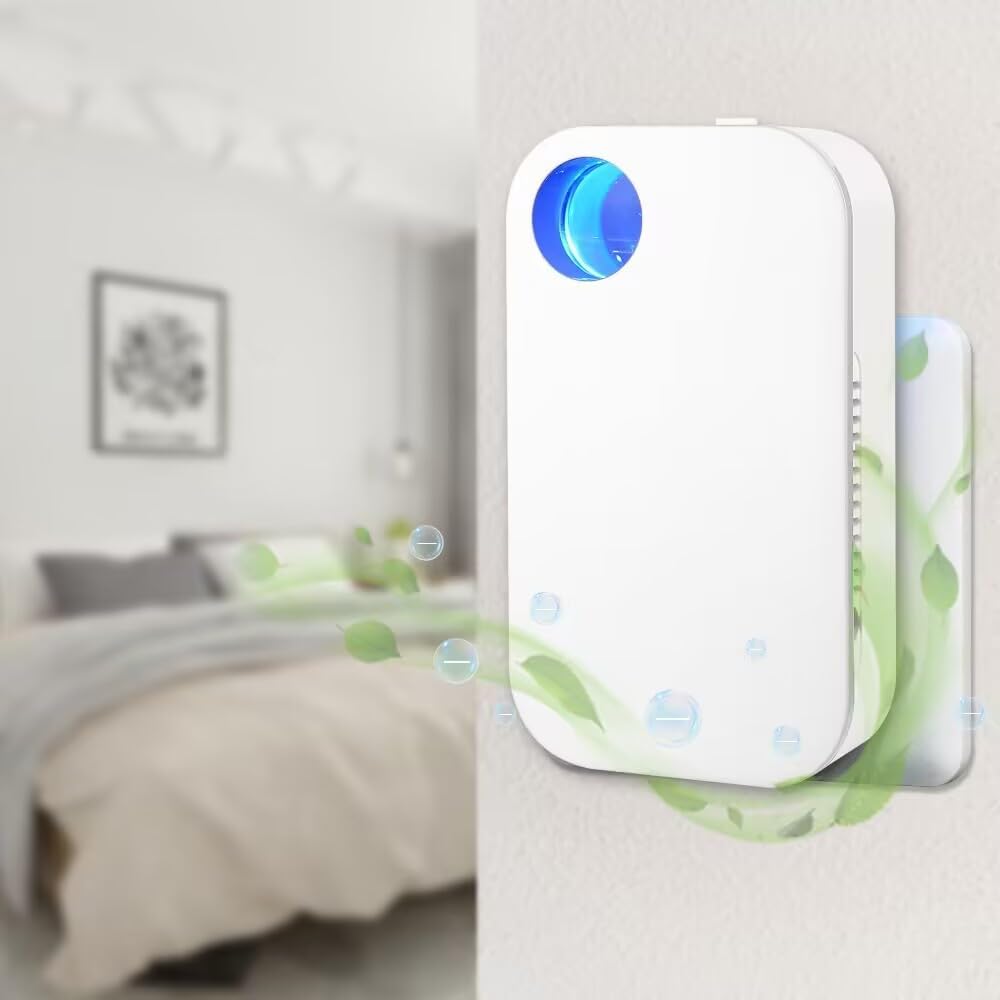 Air purifier device on a wall with a bedroom in the background
