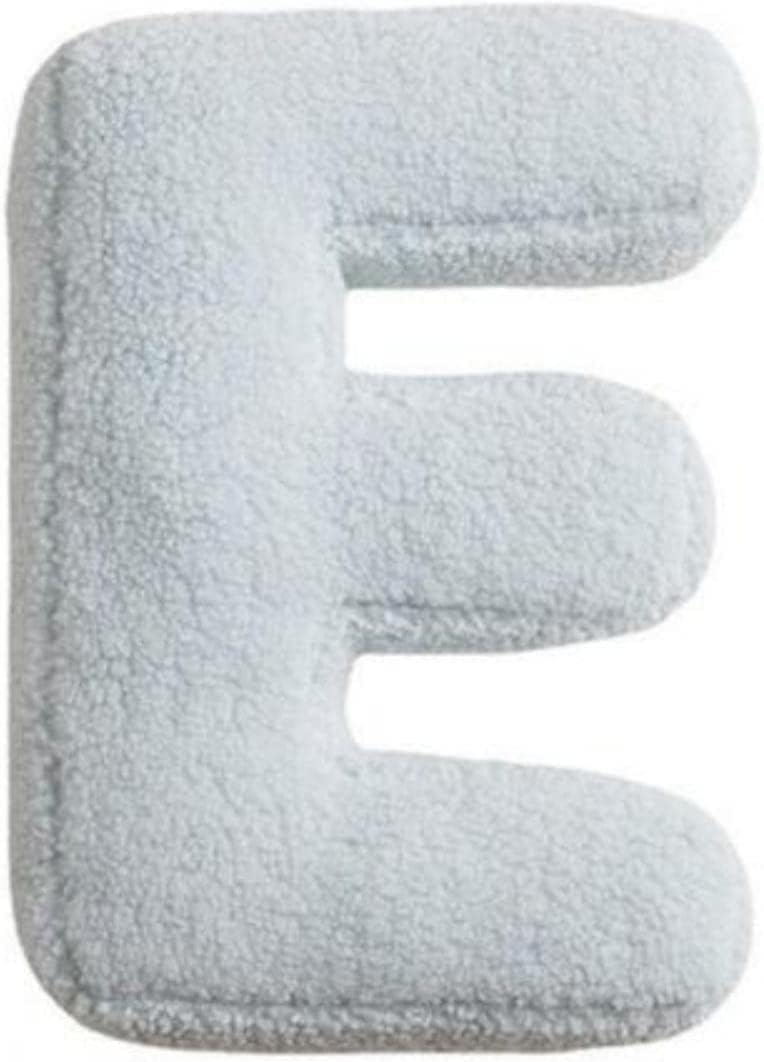 Gray letter 'E' shaped pillow on a white background