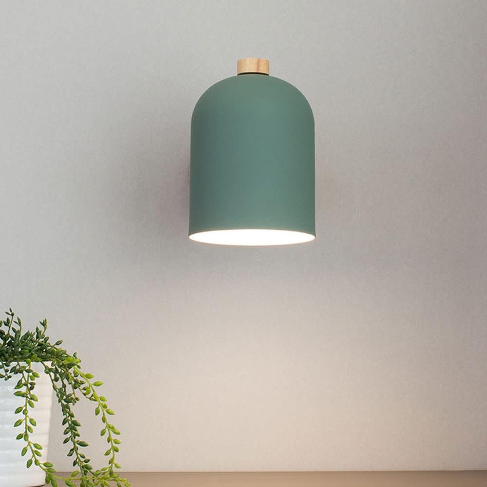 Green pendant light with wooden accent on a neutral background