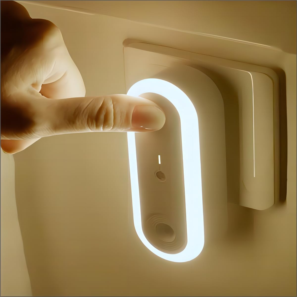 Hand pressing a light switch with a glowing indicator