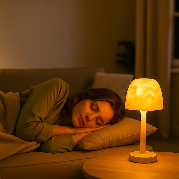 Woman lying on a couch with a warm glow from a lamp next to her.