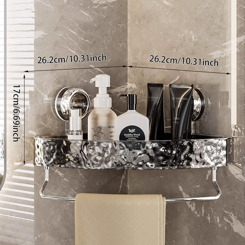 Bathroom shelf with toiletries and dimensions labeled on a marble wall.