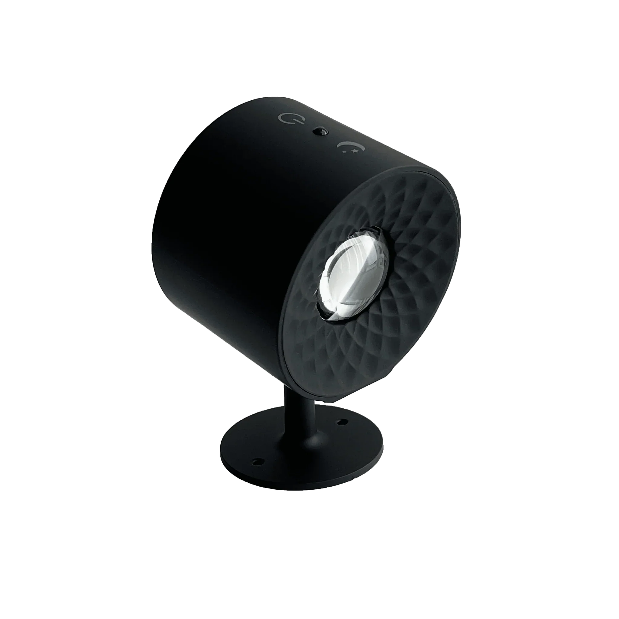 Black spotlight with textured design on a white background