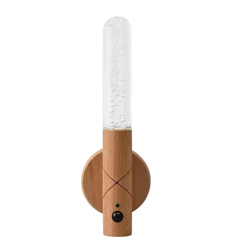 Wall-mounted lamp with wooden base and white glass shade on a white background