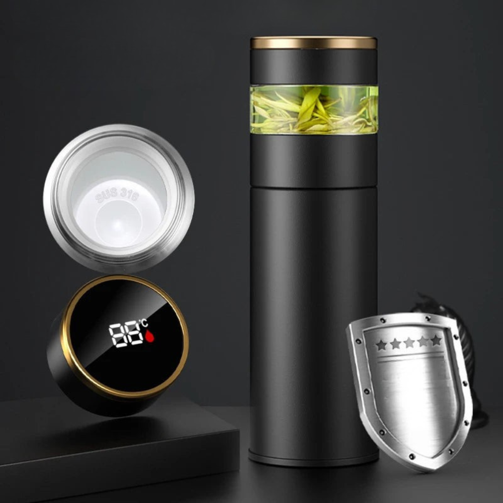 Black insulated mug with digital thermometer, shield-shaped cover, and transparent lid on a dark background