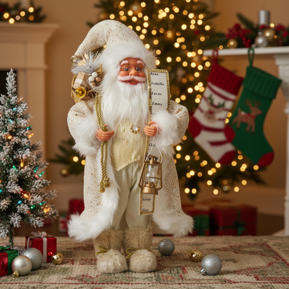 Decorative Santa Claus figure in a festive room with Christmas trees and stockings.