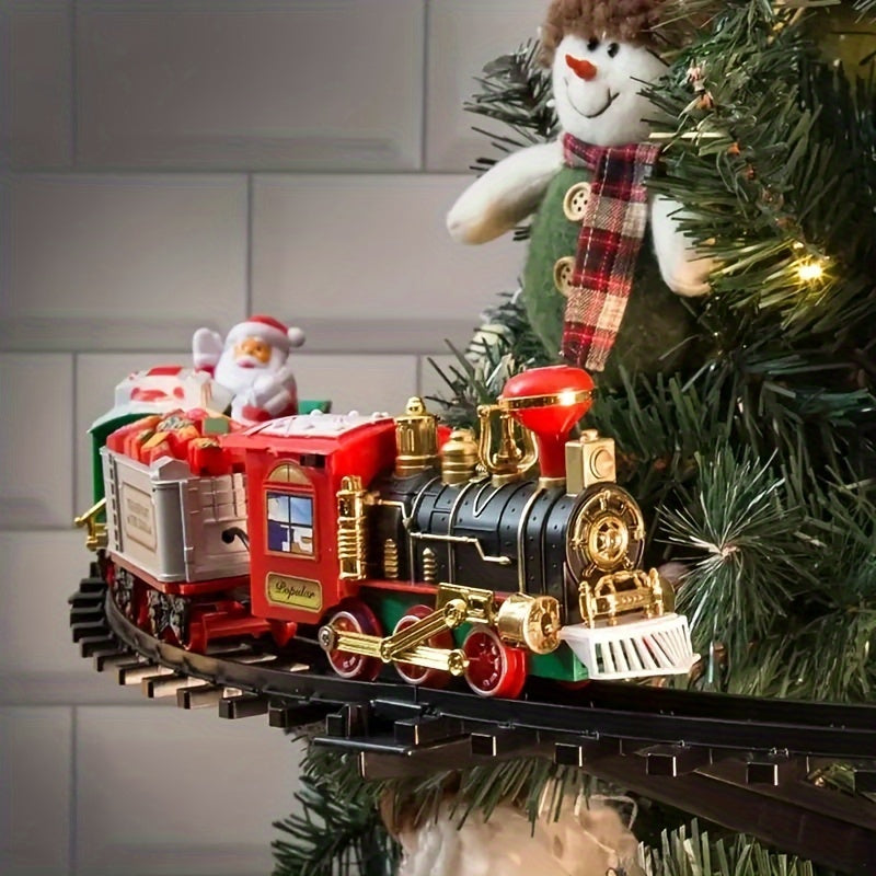 Toy train set on a Christmas tree with Santa and snowman figures.