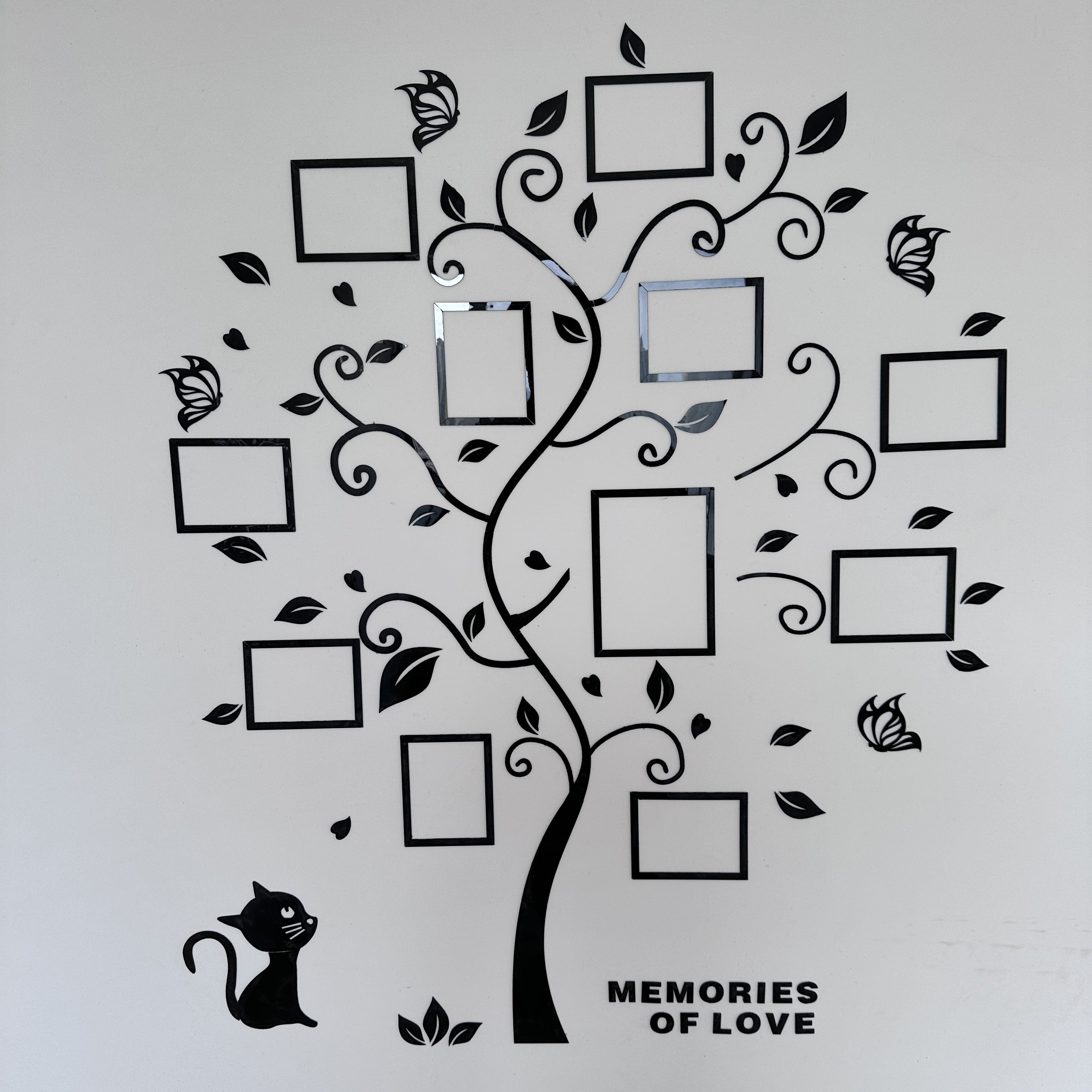 Decorative wall sticker of a tree with photo frames and a cat, featuring the text 'Memories of Love'.