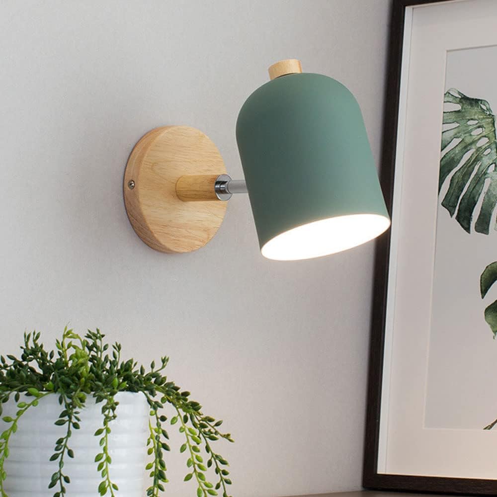 Green wall lamp with wooden base on a light gray wall next to a plant and framed picture.