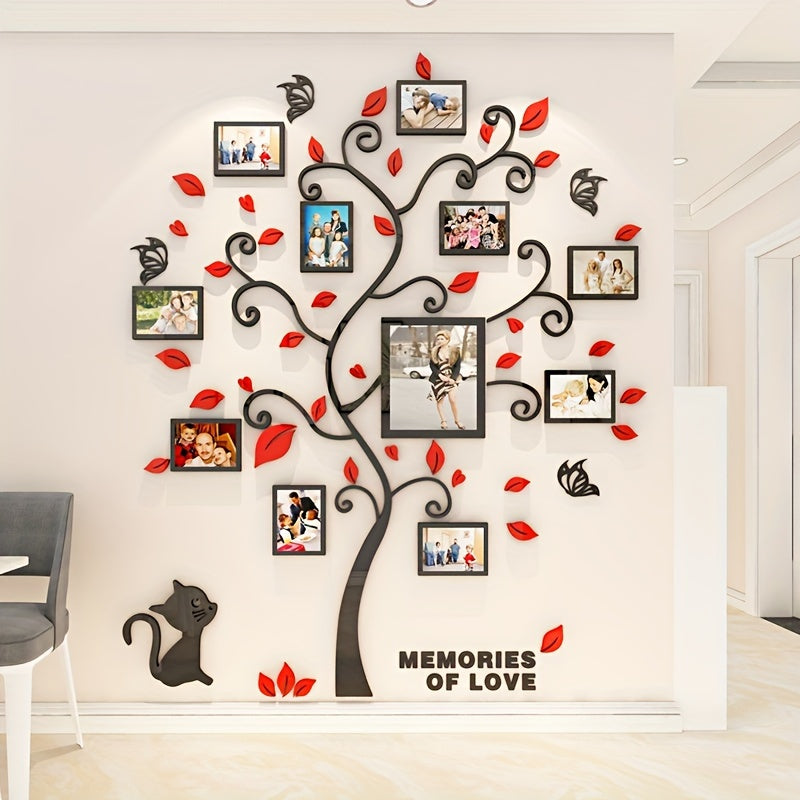 Wall decal of a family tree with photo frames and 'Memories of Love' text on a wall.