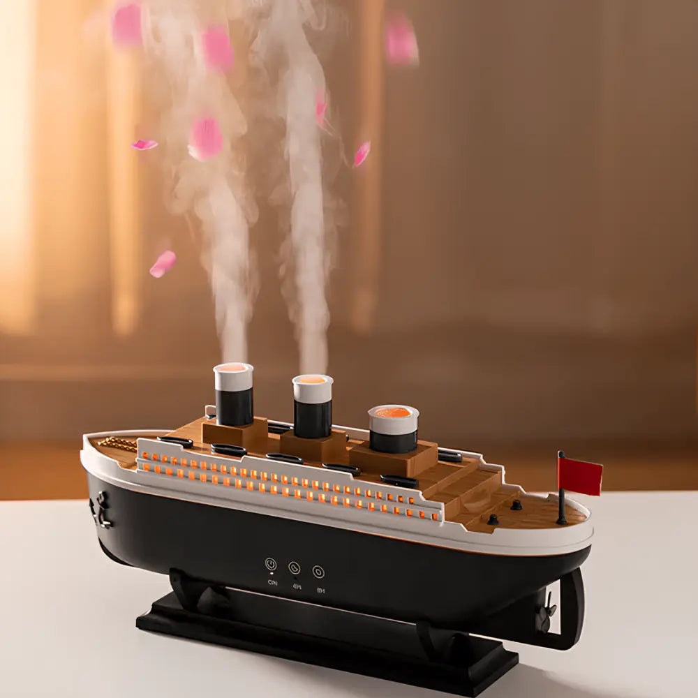 Model of a ship with smoke coming out, on a neutral background