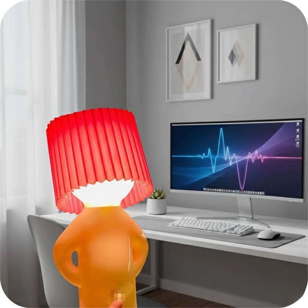 Desk setup with a computer monitor, keyboard, and mouse, featuring a red lamp.