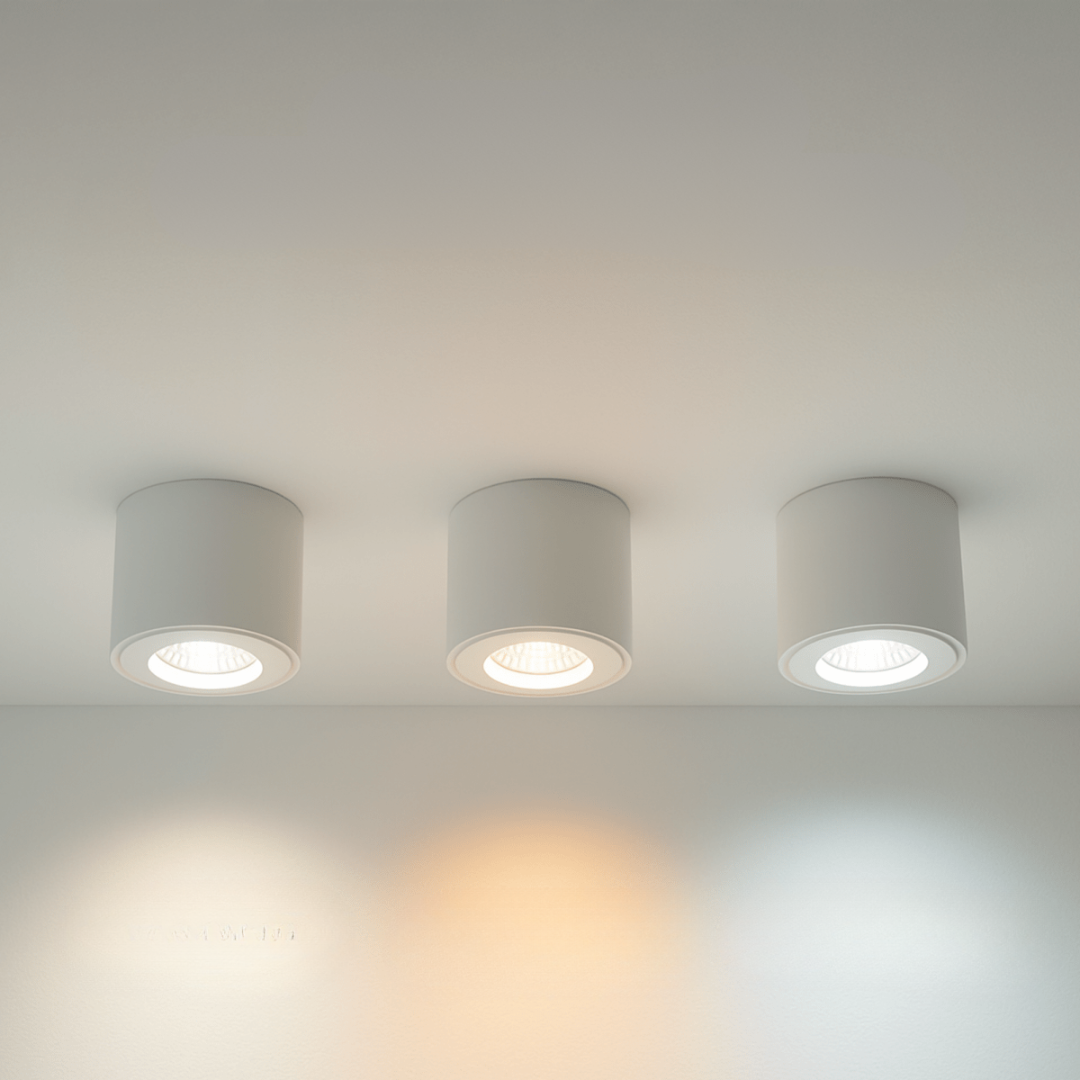 Three cylindrical ceiling lights on a plain ceiling