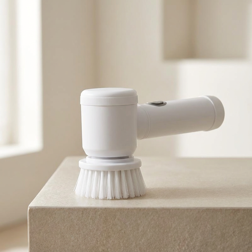 White handheld cleaning brush on a light surface with a neutral background