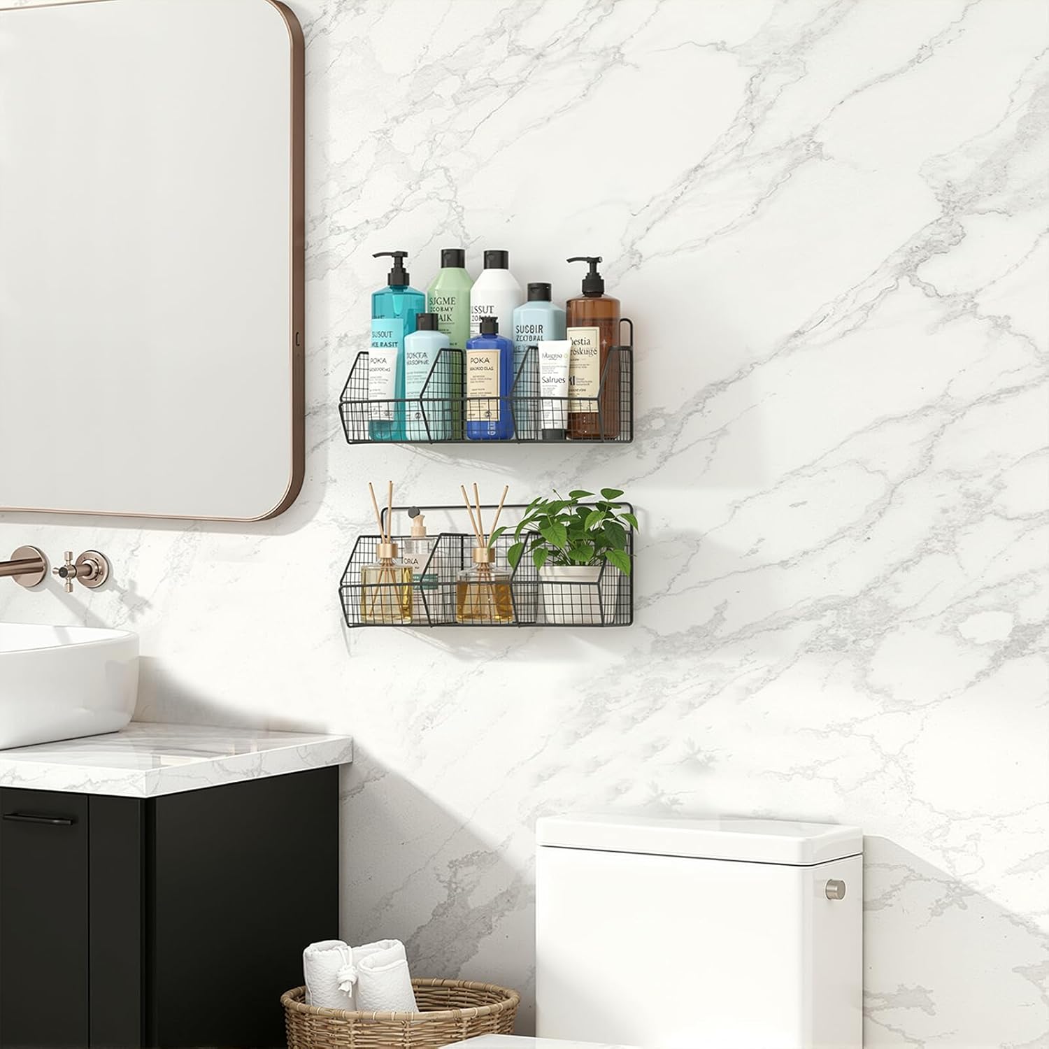 Bathroom with wall-mounted shelves holding various bottles and a plant against a marble wall.