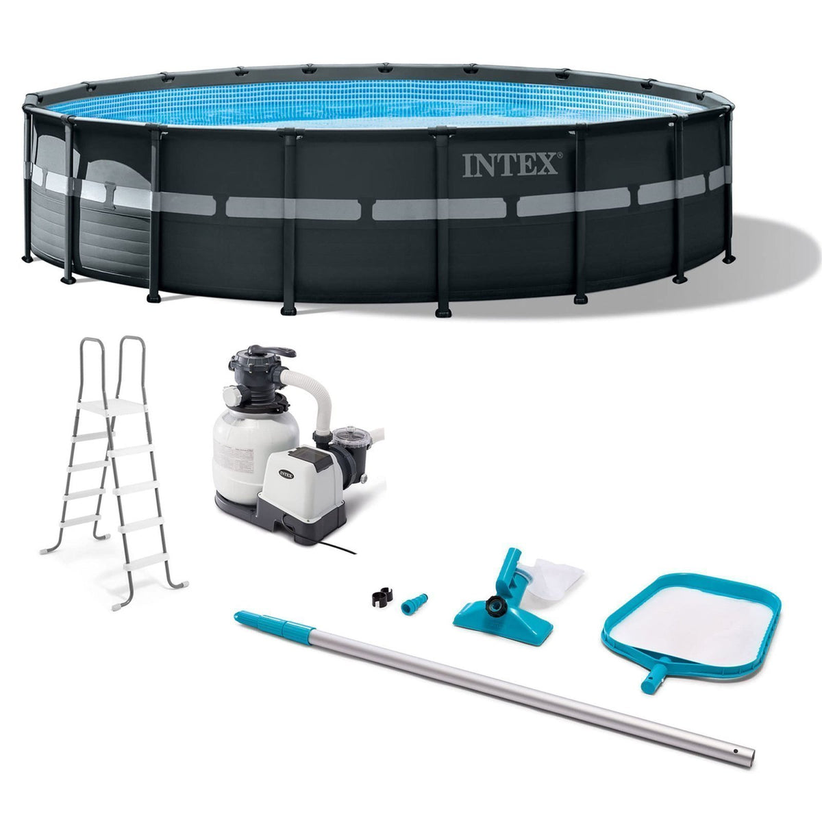 Intex Ultra XTR Frame 18′ x 52″ Above Ground Swimming Pool with Sand Filter Pump, Ladder, Cover, & Maintenance Accessory Kit with Vacuum and Skimmer