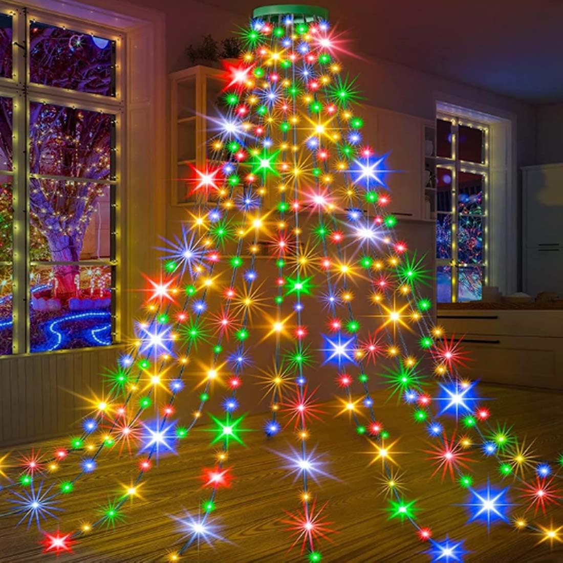 Decorative Christmas tree with colorful lights in a room setting.