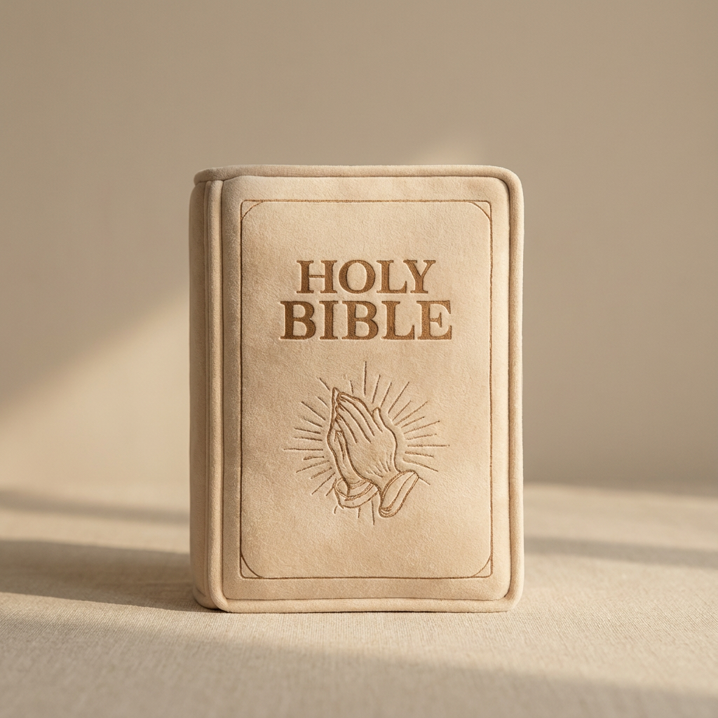 Beige Bible with 'HOLY BIBLE' and praying hands design on a beige background