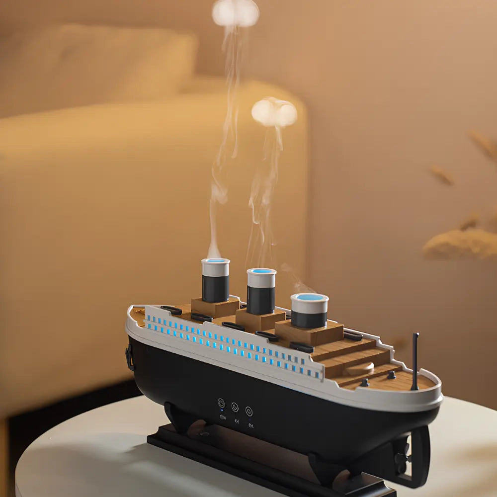 Model ship humidifier emitting steam on a blurred background