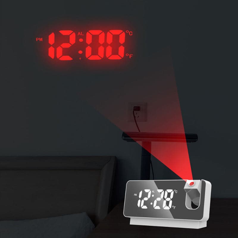 Digital clock with projection feature on a dark background