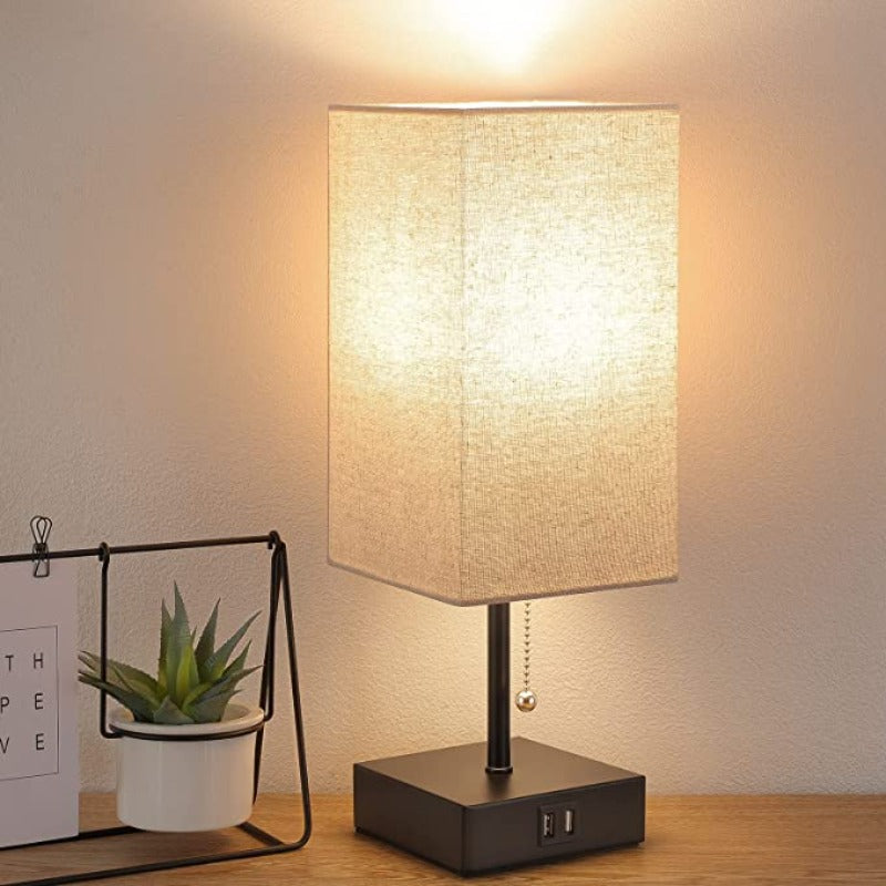 USB Table Lamp with 2 USB Charging Ports – Modern LED Table Lamp with Linen Lampshade, 2700K Warm Light