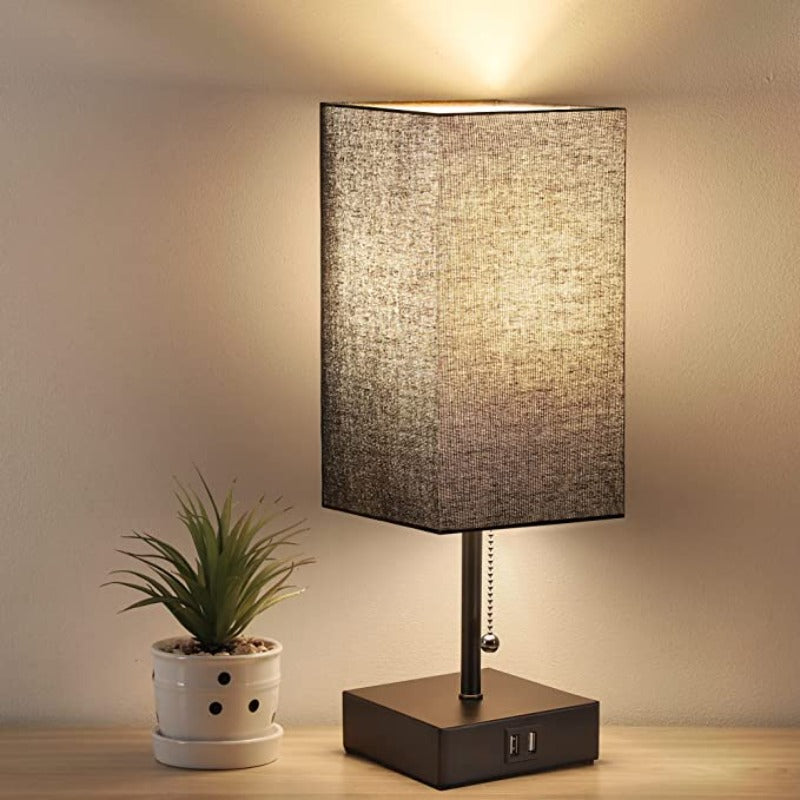 USB Table Lamp with 2 USB Charging Ports – Modern LED Table Lamp with Linen Lampshade, 2700K Warm Light