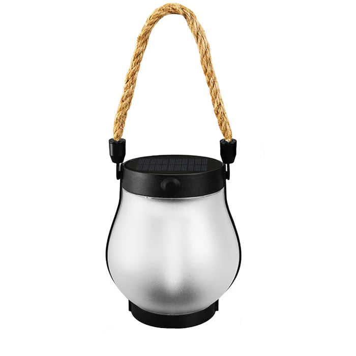 Solar lantern with a rope handle and dimensions displayed