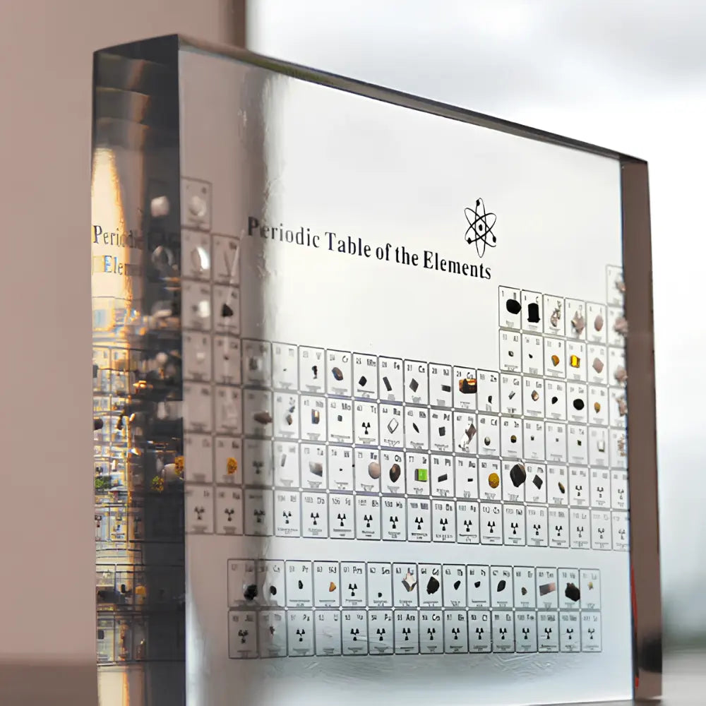 Periodic Table of Elements display with real elements in a metallic frame.