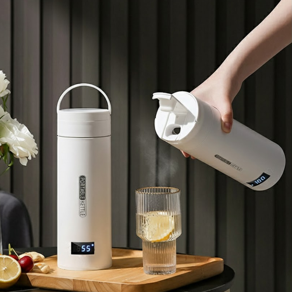 White electric kettle being used to pour water into a glass with lemon slices on a wooden tray.