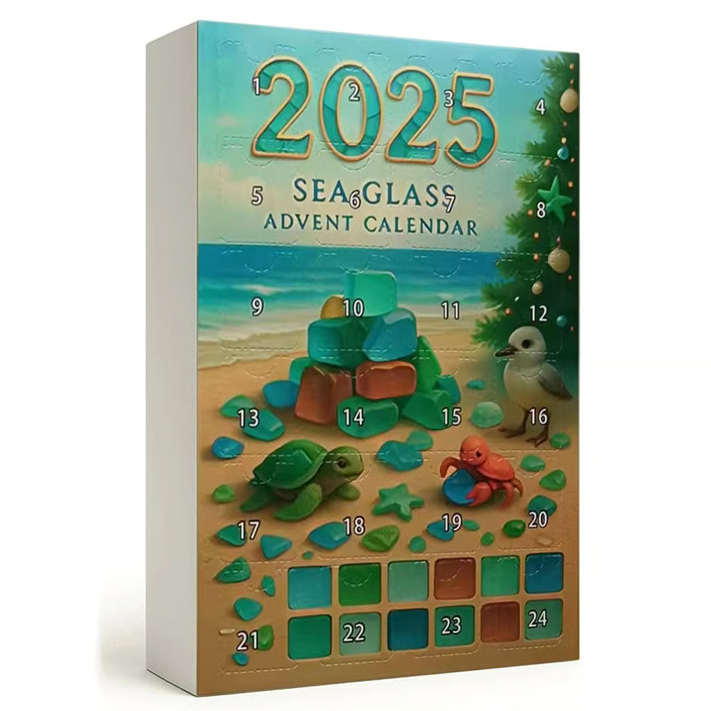 2025 Sea Glass Advent Calendar with beach scene and festive elements