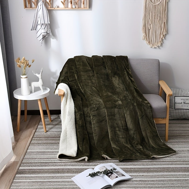 Green blanket draped over a chair in a room with decor elements.