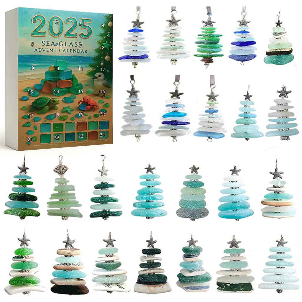 Sea glass advent calendar with Christmas trees and star decorations, featuring a 2025 theme.