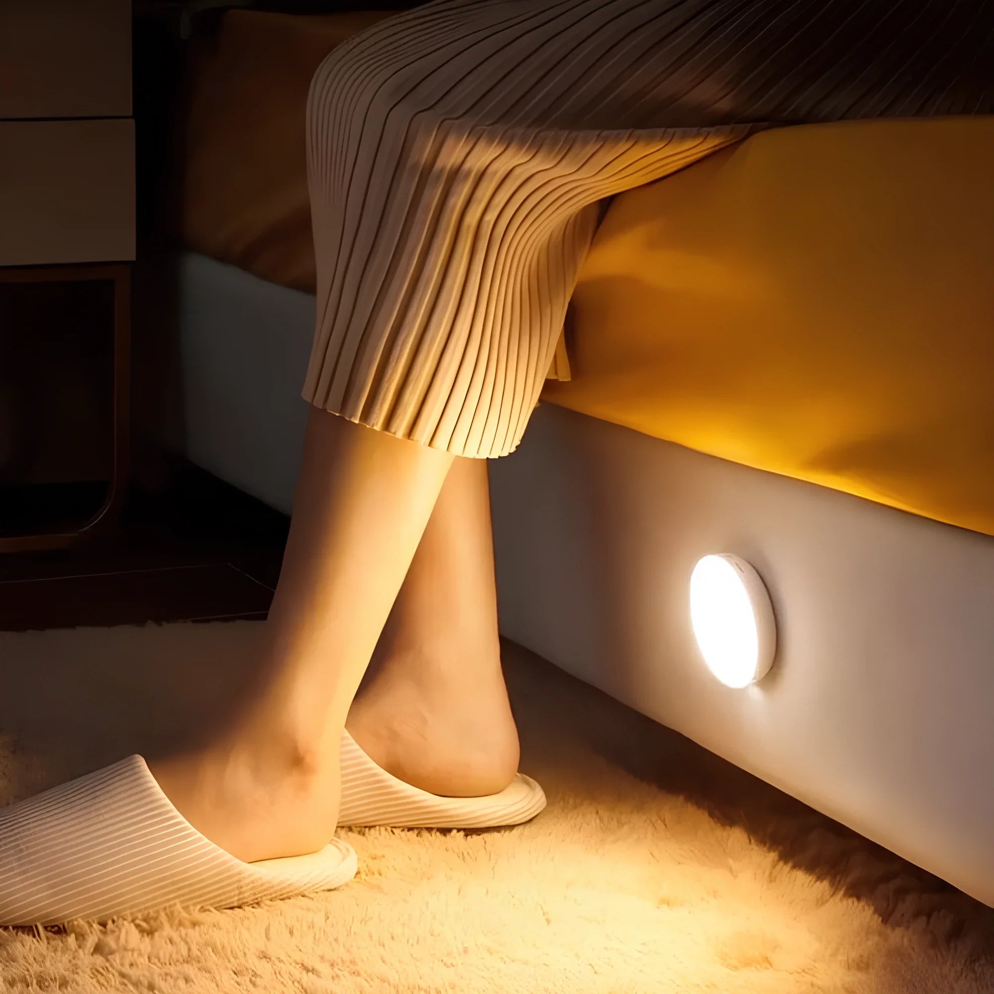 Person wearing white socks and a yellow skirt with a wall-mounted light casting a warm glow.