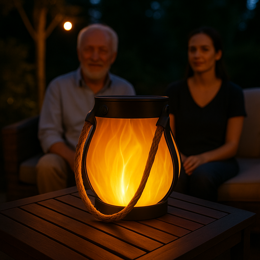 Luminous lantern on a table with two people sitting in the background