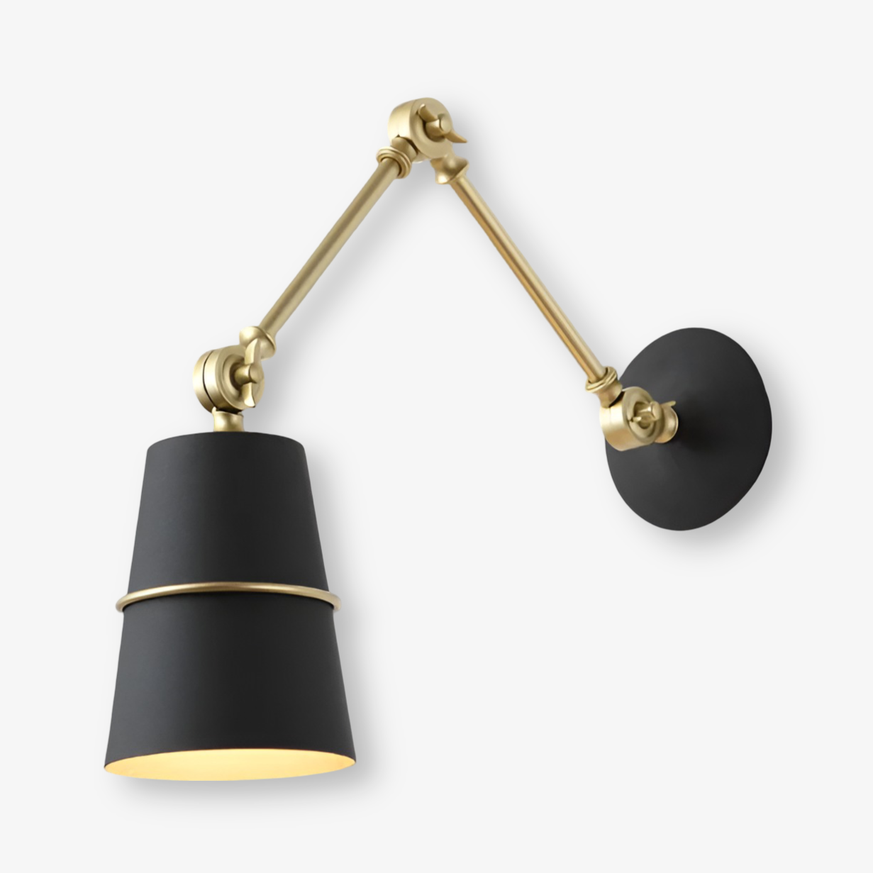 Wall-mounted lamp with black shades and gold arms on a white background