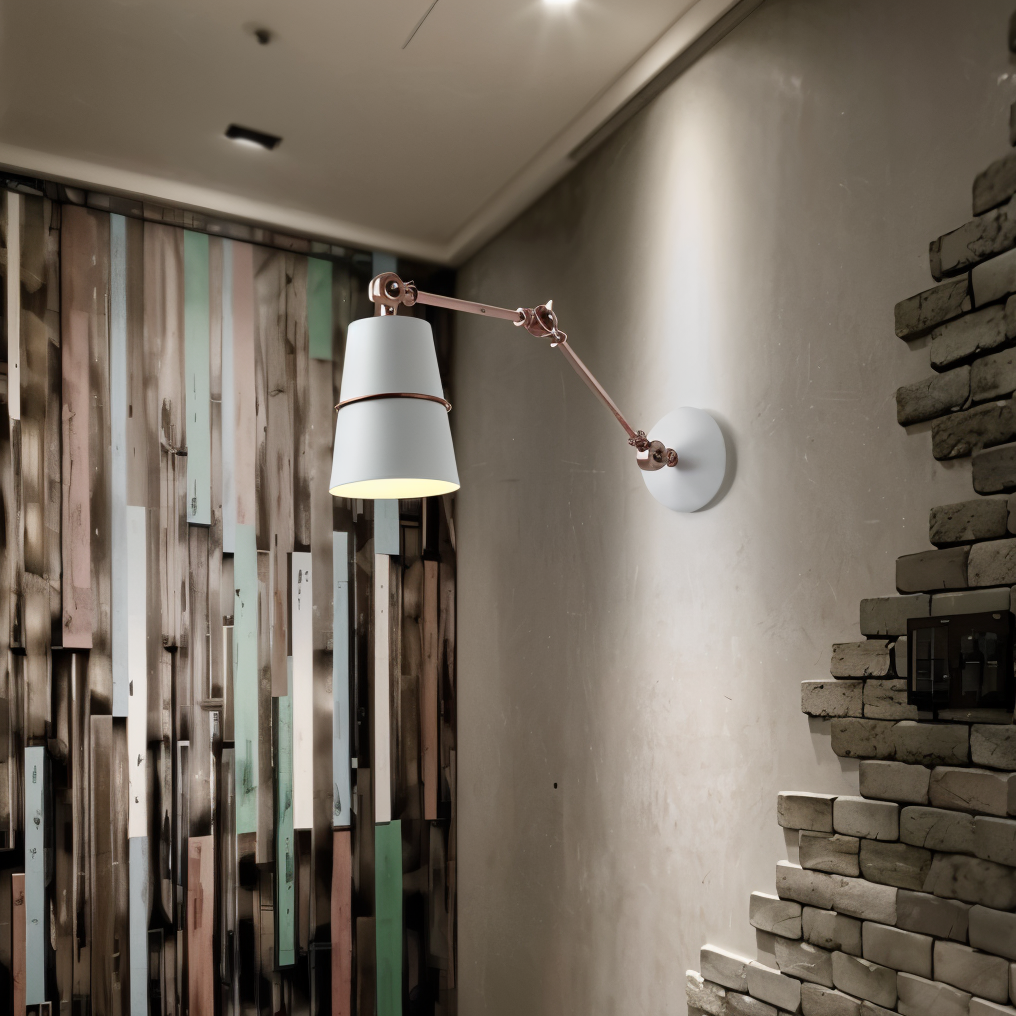 Modern wall-mounted lamp with a white shade and gold arm in a room with wooden and brick walls.