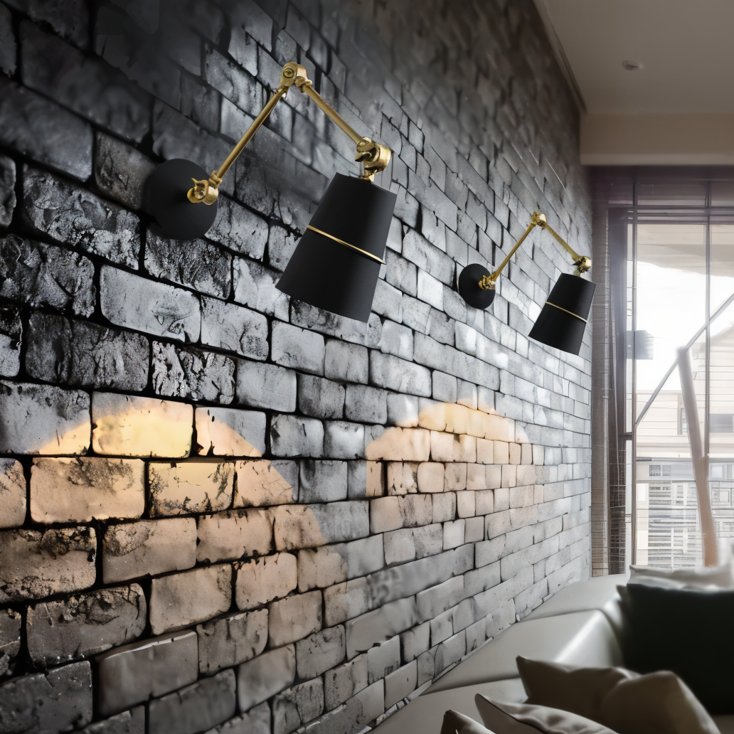 Modern interior with brick wall, black wall lights, and a person sitting on a couch.
