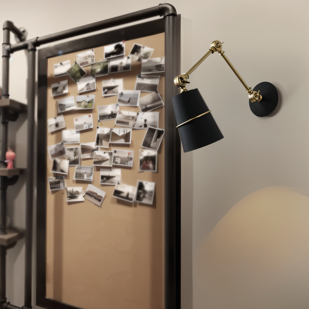 Bullseye mirror with decorative photos on a wall next to a shelf with jars and a lamp.