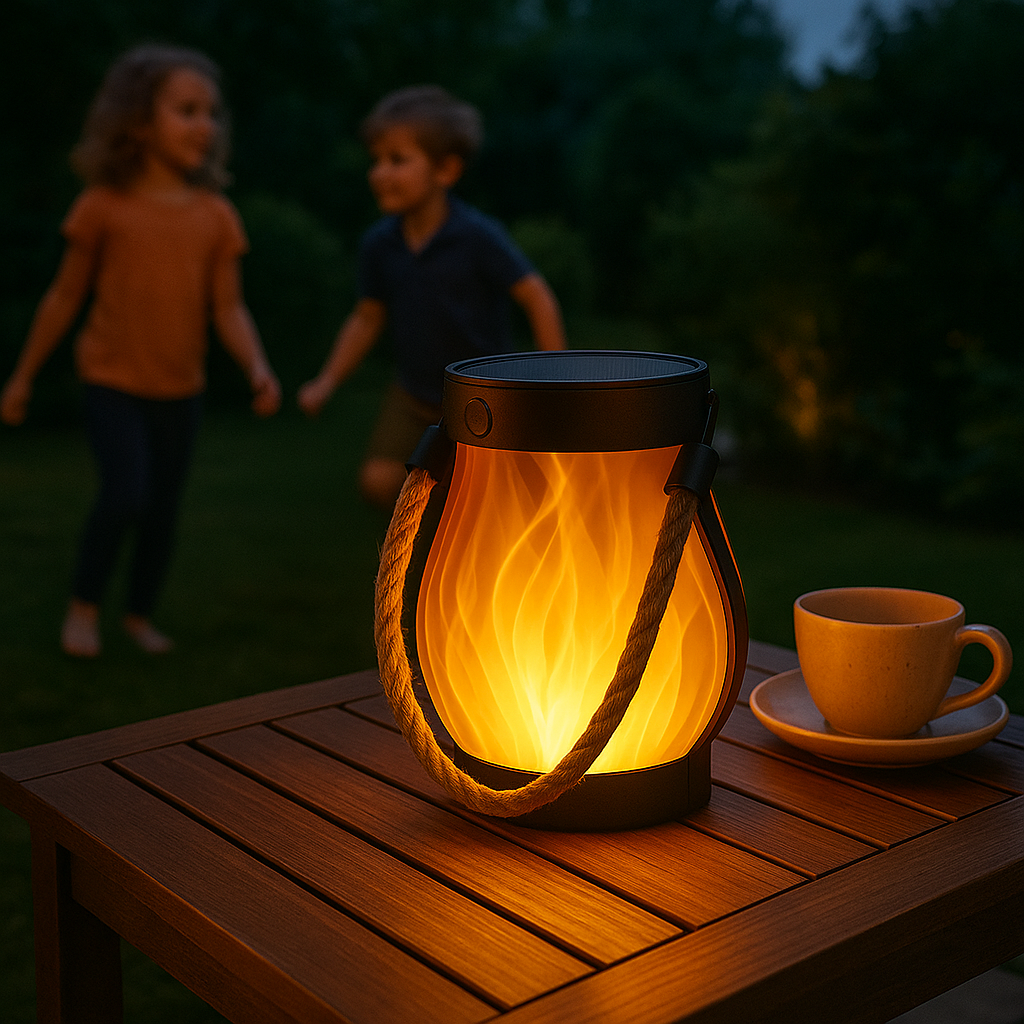 Flickering lantern on a wooden table with children playing in the background