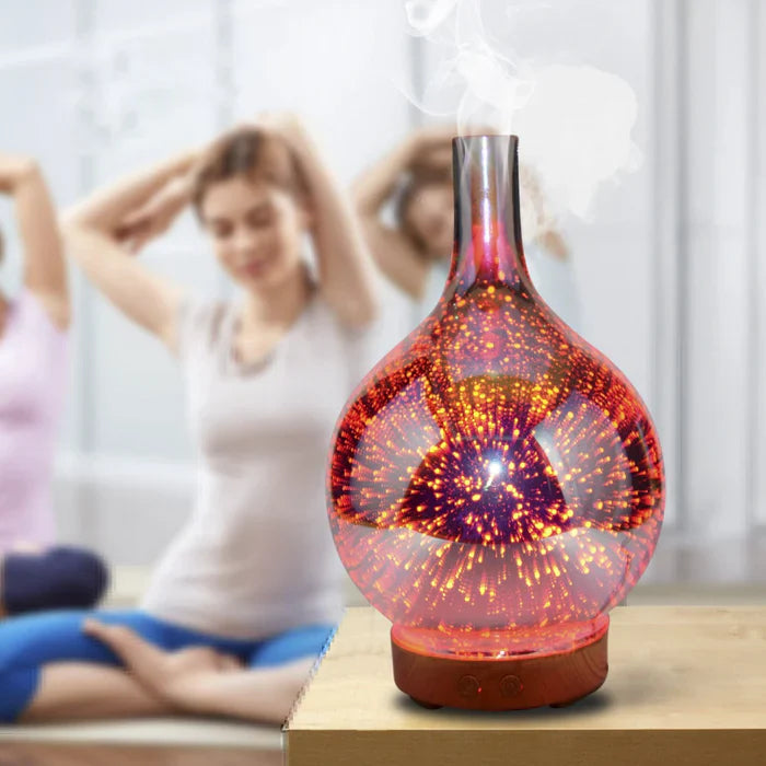 Decorative lamp with colorful design on a table, with people exercising in the background