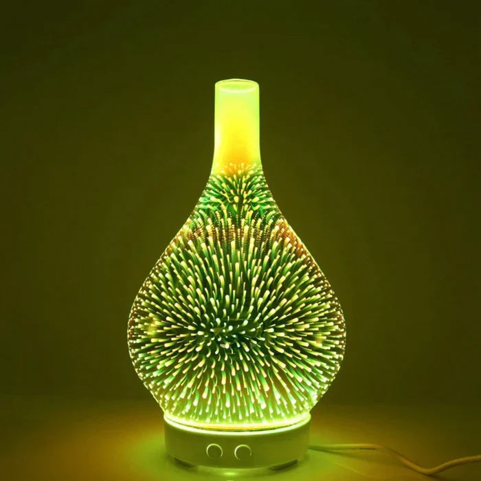 Decorative lamp with a textured surface glowing in green on a dark background