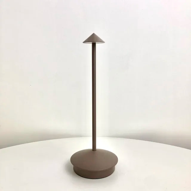 Modern floor lamp with a dark brown base and shade on a white surface.