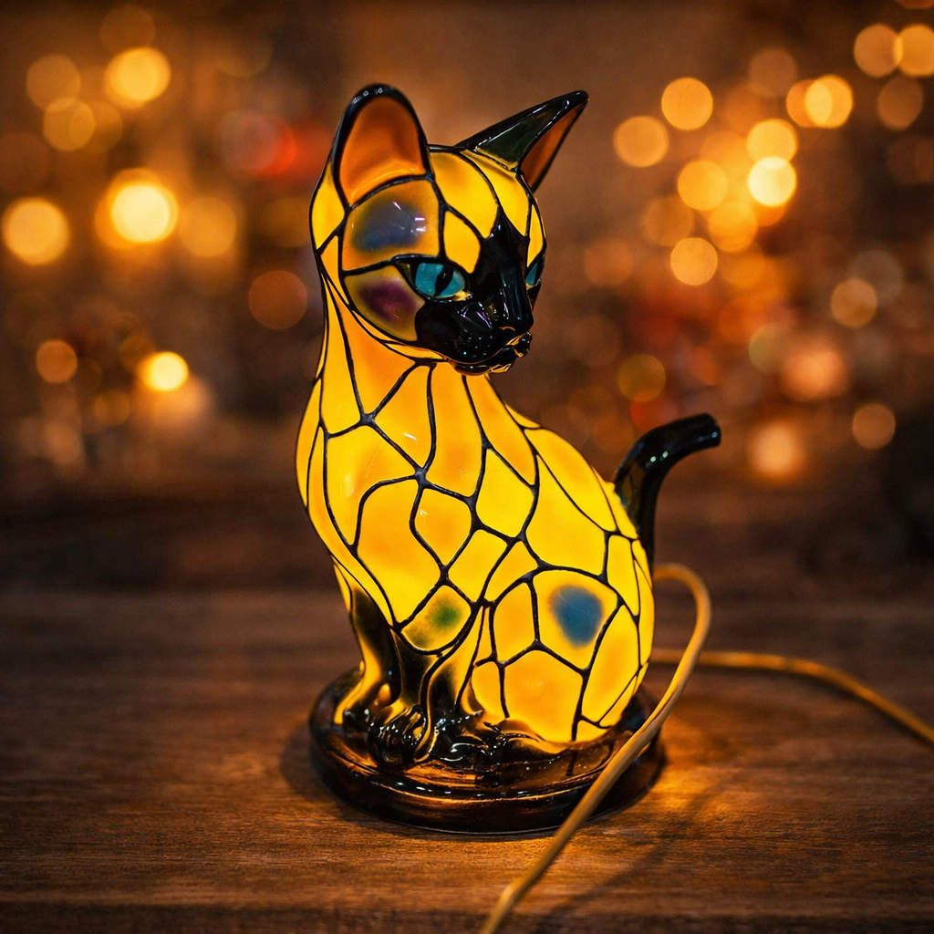Stained glass cat lamp on a wooden surface with blurred lights in the background