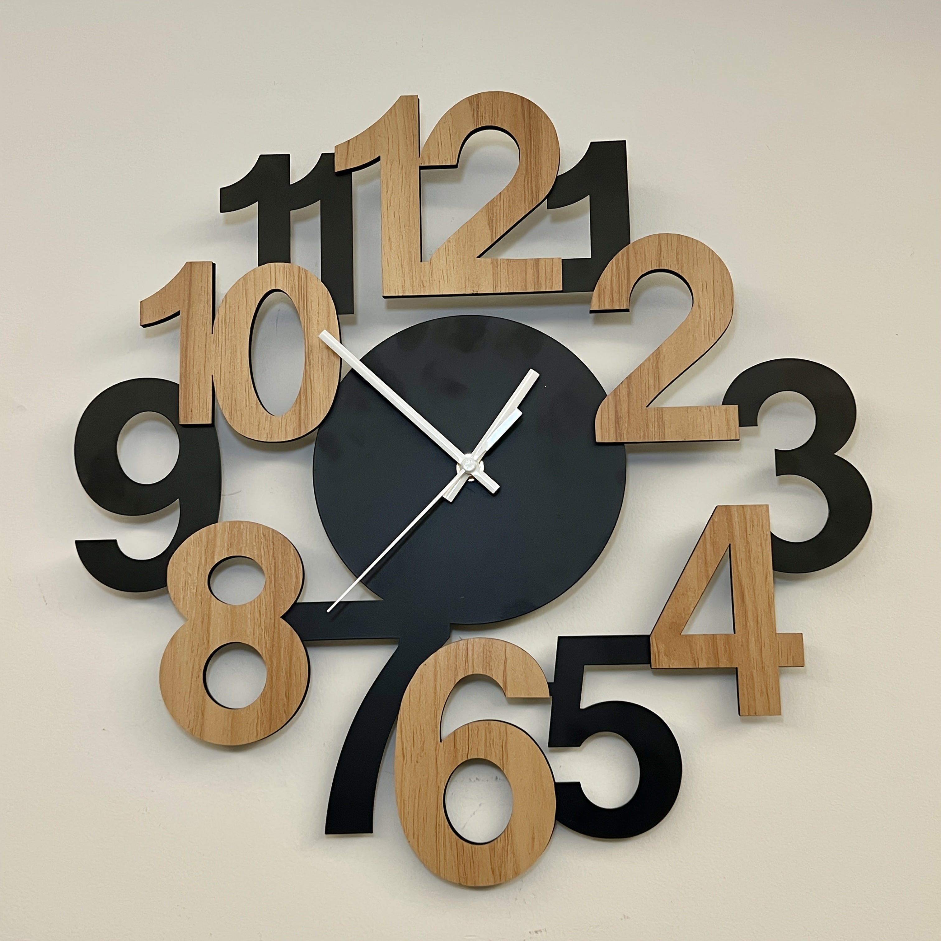 Asymmetrical Digital Wall Clock with Oversized Numbers – Modern Silent Kitchen Clock in Black and Natural Wood Finish 4